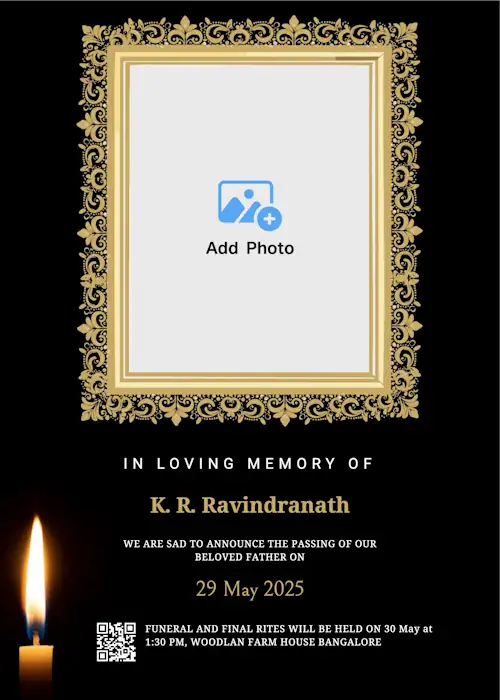 sample funeral card with dark theme and burning candle