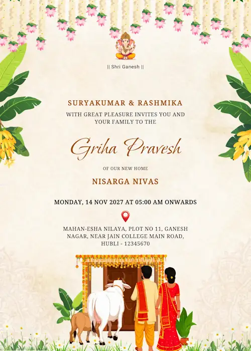 sample traditional housewarming invitation card featuring couples entering new home with divine cow